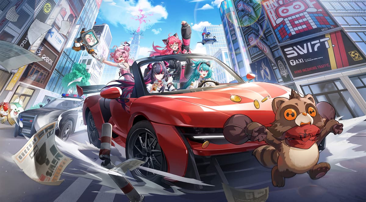 Neverness to Everness characters racing through the city in a red convertible